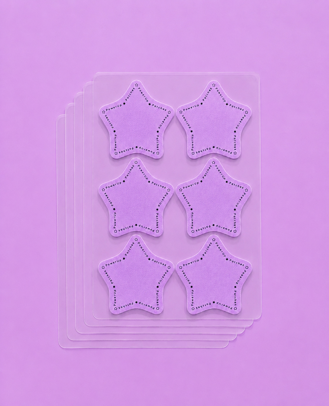 Six lavender star-shaped embellishments with dotted stitched borders, arranged in two columns on a clear plastic sheet over a solid lavender background.