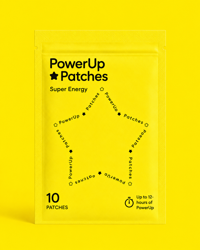 A bright yellow pouch of PowerUp Patches 'Super Energy' containing 10 patches, displayed against a matching solid yellow background.