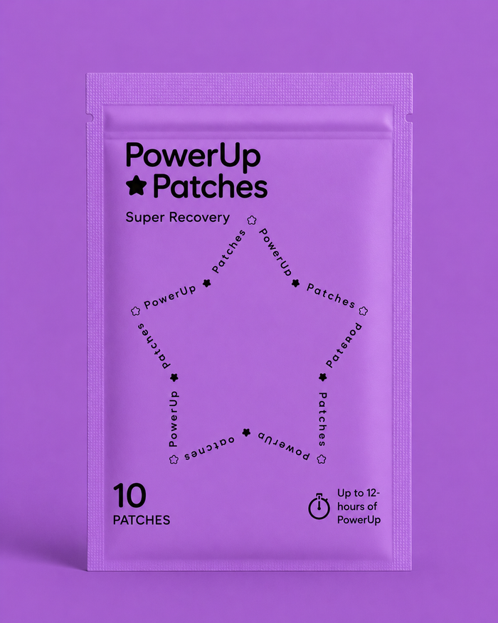 A purple stand-up pouch of PowerUp Patches Super Recovery, containing 10 patches, set against a matching purple background.